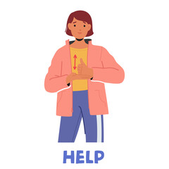 Woman Communicating The Word Help In Sign Language. Female Character Is Shown Making The Sign, Vector Concept