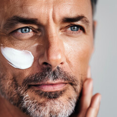 Fototapeta premium A mature American man with a thoughtful expression, applying anti-aging cream, highlighting his skincare regimen