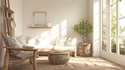Minimalist Home Decor Featuring Natural Materials and Textures in 3D Rendering