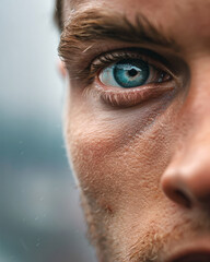 Naklejka premium Close-up of an American man with blue eyes, intense gaze, and detailed skin texture
