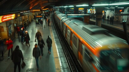 Fototapeta premium Rush Hour at Busy Metro Station with Commuters Moving to Their Destinations