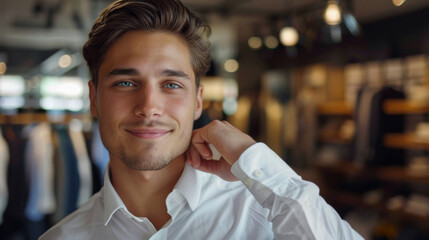 Fototapeta premium A confident young American man with blue eyes, smiling warmly in a store