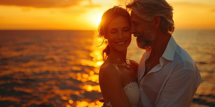 Elderly couple dancing at sunset for National Dance Day, August 26th, joyful expressions, romantic setting, live music - Powered by Adobe