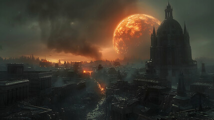 Fototapeta premium A dystopian solar planet with a dark, polluted sky and decaying infrastructure
