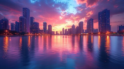 Fototapeta premium Stunning cityscape at sunset with colorful clouds reflected on the water, highlighting the skyline and skyscrapers in vibrant hues.