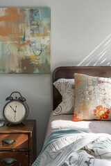 Unique Designer Alarm Clock in Modern Artistic Bedroom - Perfect for Home Decor, Poster, or Print Design
