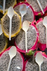 Fresh fruit packaged for street sale. Dragon Fruit