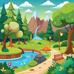 Cartoon scene of nature park and forest