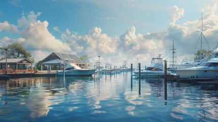 Scenic Coastal Marina with Surveillance Cameras Enhancing Security for Boats and Visitors