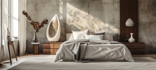 Contemporary Bedroom with Unique Designer Alarm Clock and Artistic Decor