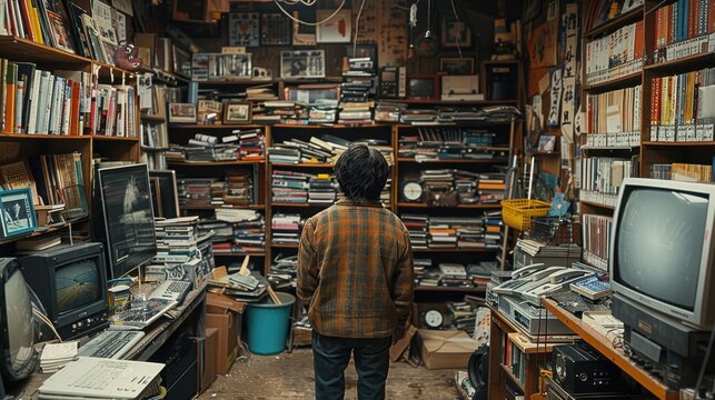 Person in plaid jacket in cluttered room with books, electronics, and paperwork, evoking nostalgia and exploration.