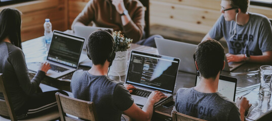 Team Collaboration During Online Training Session with Focused Employees at Laptops