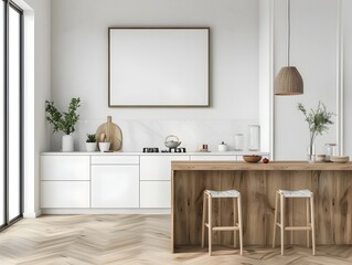 Minimalist Kitchen with White Cabinets and Wooden Island,Clean Interior Design Mockup