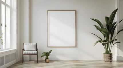 Minimalist Living Room with Blank Wall Frame Mockup for Interior Design or Architecture