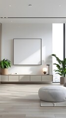 Minimalist Living Room with Built-in Entertainment Center and Frame Mockup
