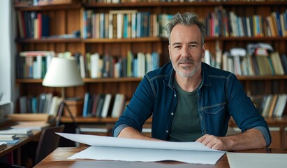 Man Reviewing Papers in Library