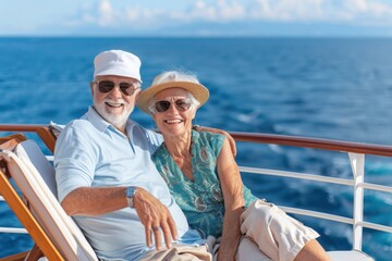 A smiling retired couple enjoys a sunny day on a cruise ship, relaxing in deck chairs and taking in the ocean views.