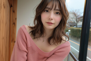 ピンクのニットを着た女性