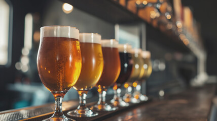 Row of various craft beers in glasses lined up on bar counter. Beers of different colors and frothy heads against blurred bar background, creating inviting atmosphere