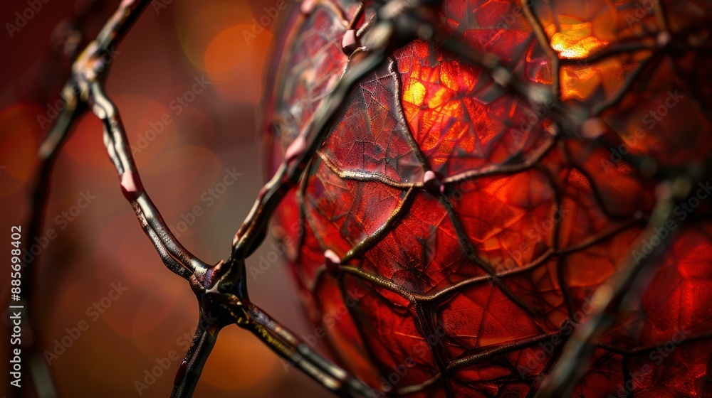 Poster close-up of a red glowing orb with a metal net around it. ai.
