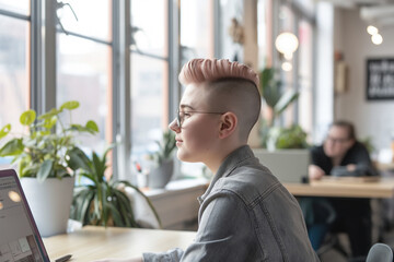Nonbinary person with pink undercut hairstyle and glasses working on laptop in a bright cafe. Wearing denim jacket, surrounded by plants, creating a modern and cozy environment.