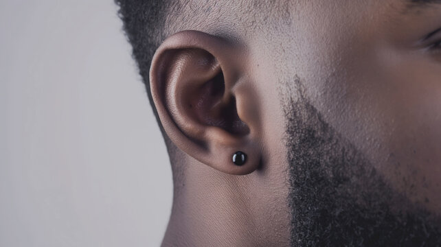 Close-up of an African American man's ear with a black stud earring. Neatly trimmed beard and short hair are visible, creating a clean and stylish look