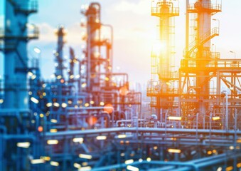 Oil refinery at sunset. AI.