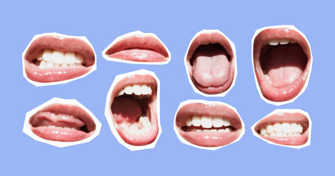 Cutout elements with dotted texture in a dadaism style. Clipping halftone of lips and mouths. Smile and scream. Stickers on a blue background.	