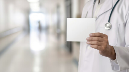 Doctor holding a blank card in a hospital corridor. Concept of medical communication, healthcare information, and professional presentation
