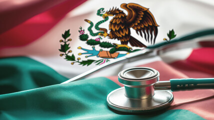 Stethoscope resting on the Mexican flag, symbolizing healthcare and medical services in Mexico. Concept of national healthcare system, medical care, and health services