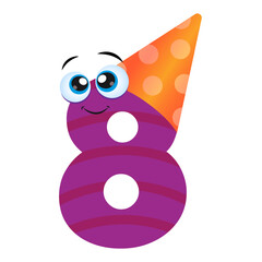 Eighth Birthday party invitation with cute purple Number Eight in birthday hat. Happy birthday card in flat cartoon style. Vector illustration.