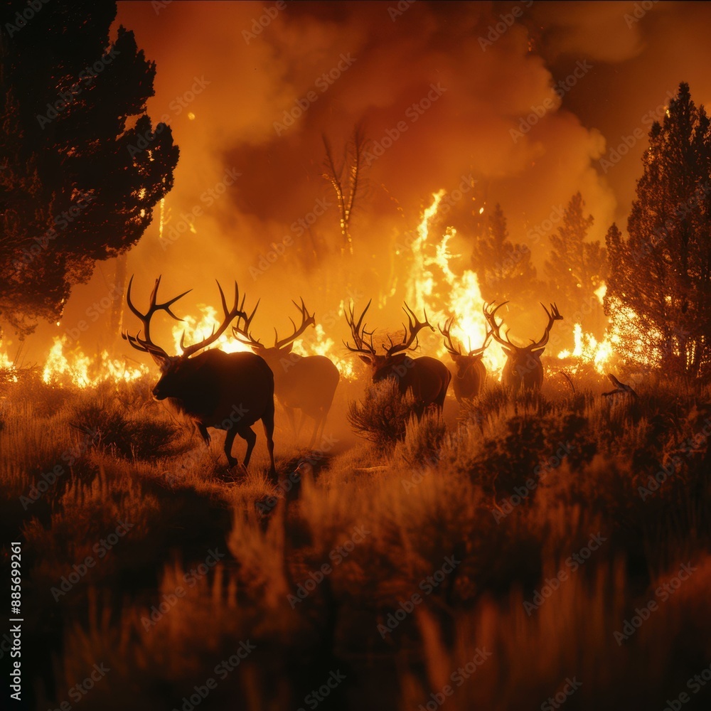 Poster a group of elk running from a wildfire. ai.