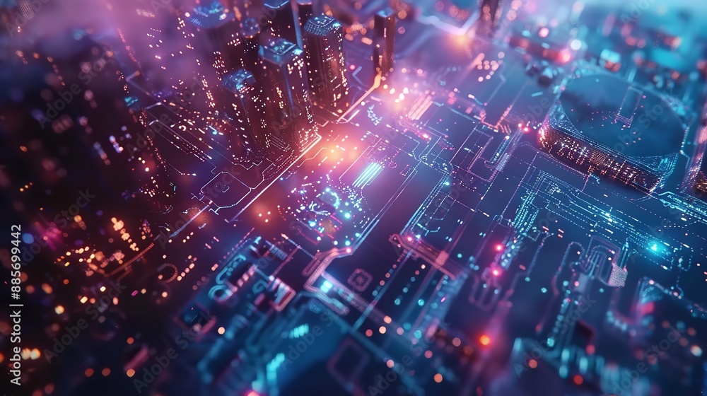 Aufkleber abstract technology: glowing lines connect digital cubes in futuristic network