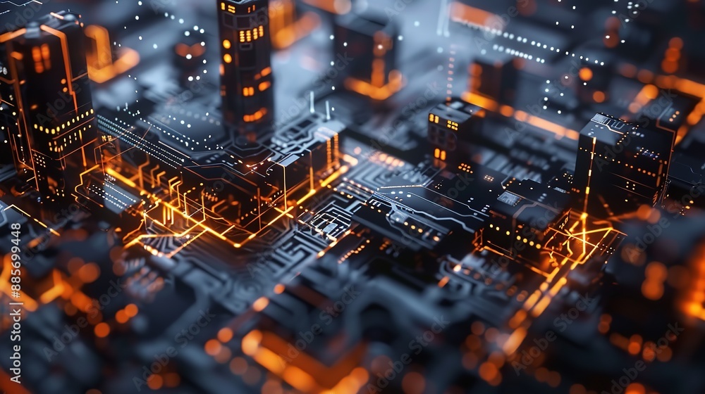 Poster abstract technology: glowing lines connect digital cubes in futuristic network