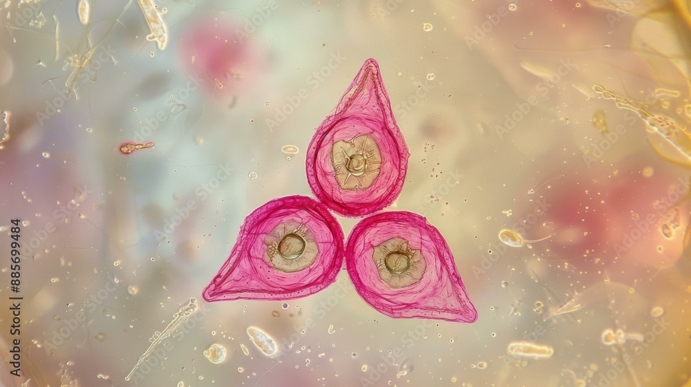 Poster pink triangular-shaped objects under a microscope. ai.