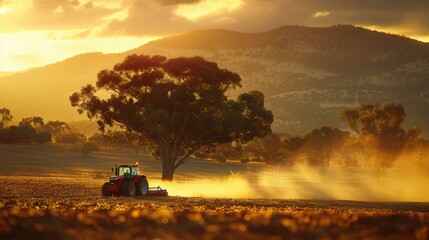 Fototapeta premium A farmer drives a tractor through a golden field at sunset. AI.