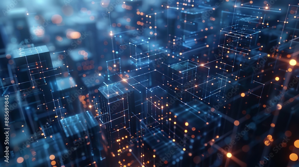 Poster abstract technology: glowing lines connect digital cubes in futuristic network