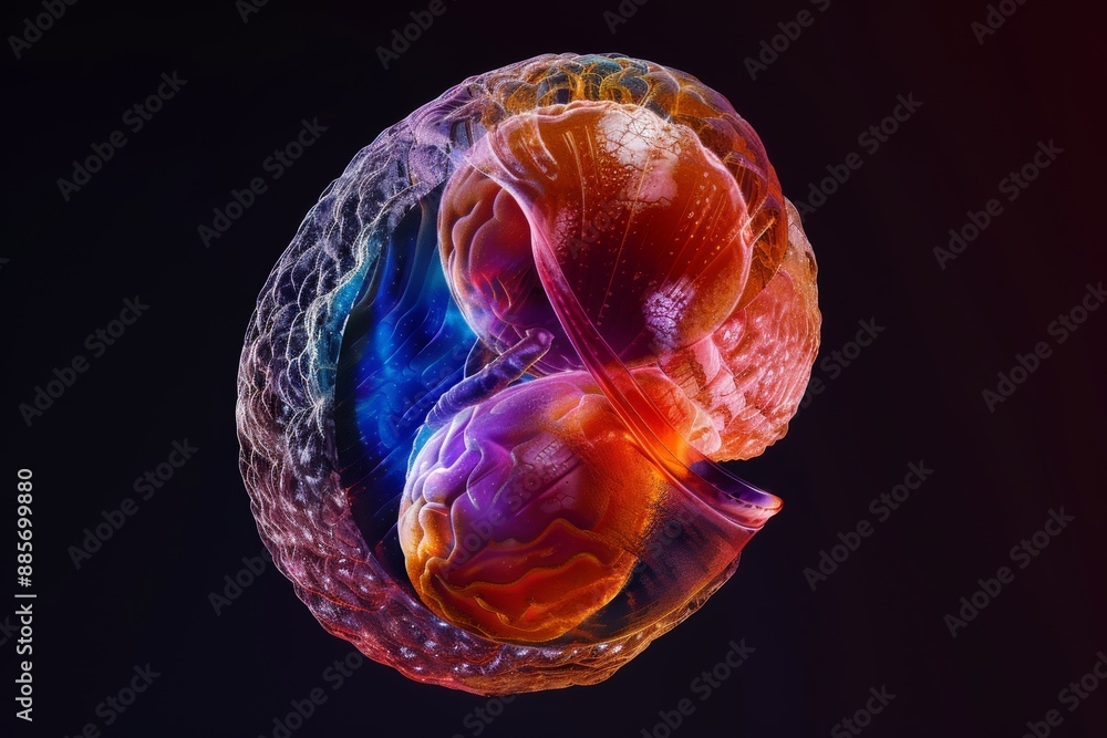 Poster captivating 3d rendering of a human embryo at eight cell stage with deep black background