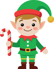 Charming illustration of a Christmas elf in green and red costume holding a candy cane. Perfect for festive holiday designs and decorations.