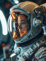 Fototapeta premium Astronaut gazing out of spacecraft window, possibly thinking about mission or exploring new planet