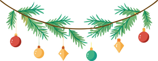 Illustration of a festive Christmas garland featuring colorful ornaments and green pine branches, perfect for holiday decor and celebrations.