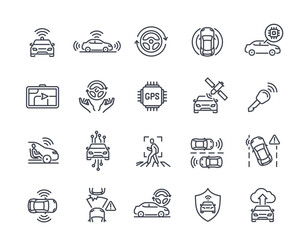 Smart vehicle line icons set. Symbols of car with autopilot or self driving, GPS system, cameras and radars. Editable stroke. Outline vector illustration collection isolated on white background