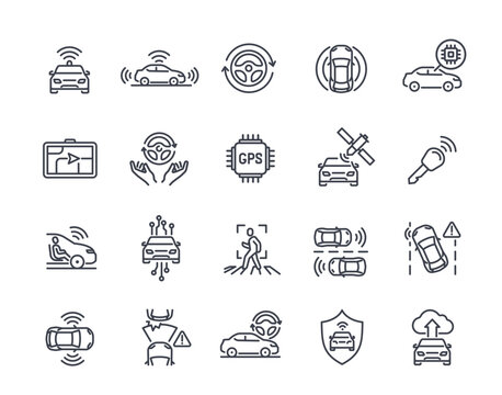 Smart vehicle line icons set. Symbols of car with autopilot or self driving, GPS system, cameras and radars. Editable stroke. Outline vector illustration collection isolated on white background
