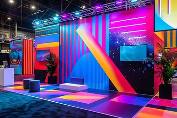 A creative trade show display, bold graphics, vibrant colors, eye-catching design, abstract elements, neon accents, modern layout