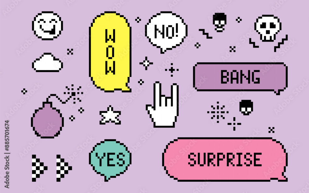 Poster set of pixel art speech bubbles and icons. wow. surprise. bang. bomb. retro game style dialogue box 