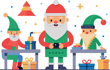 Fototapeta premium Santa Claus and his elves enjoying Christmas festivities with presents and decorations. Cheerful holiday scene illustrating joy and celebration.