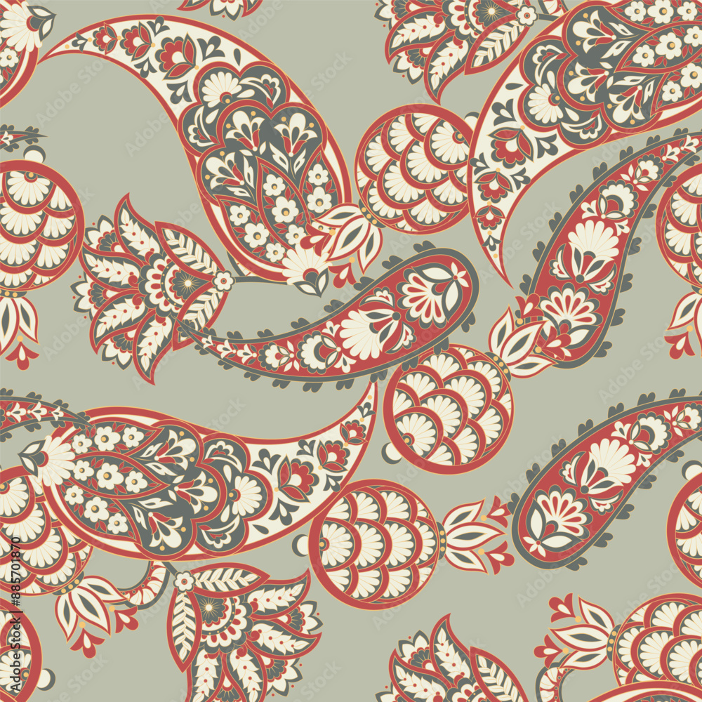 Wall mural Floral fabric background with paisley ornament. Seamless vector pattern