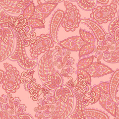 Colorful Paisley wallpaper. Vector Indonesian batik. Bright classic indian fabric. Paisley wallpaper. Ethnic background with paisley and stylized flowers. For textile, cover, wrapping paper, fabric