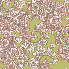 Hand drawn floral paisley seamless vector pattern. Batik style fabric