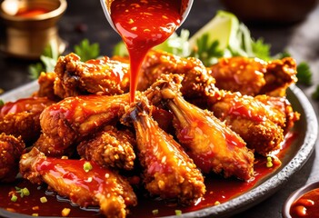 drizzling hot sauce over chicken spicy food preparation spicy sauce crispy poultry meat, wings, cooking, appetizer, flavor, delicious, seasoning, flavorful